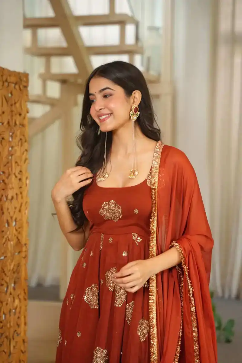 RTC 6071 Rust karishma Silk Salwar Suit Perfect for Wedding, Party, Baby Shower, Housewarming, Traditional Day – . Special Price ₹2149. Delivery 4-6 Working | Anarkali Suits, Bollywood Anarkali, Creative-Anarkali, Designer Anarkali, Embroidered Anarkali, Party Wear Anarkali