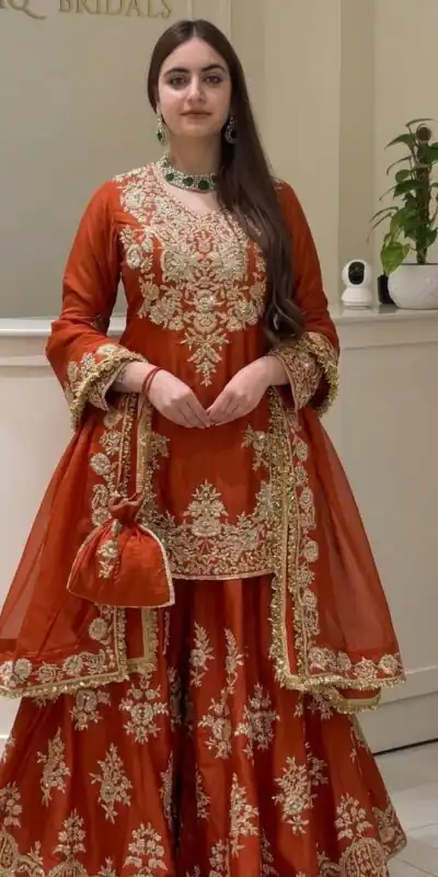 MT 1079 Rust Natural Silk Salwar Suit with Sequins Work & Embroidery Work. Special Price ₹2449. Delivery 4-6 Working Days. Shop now. | Jump Suits, Salwar suit, Designer Suits, Casual Suits, Creative suits, Palazzo Suits, Party Wear Suits, Patiala Suits, Straight Suits