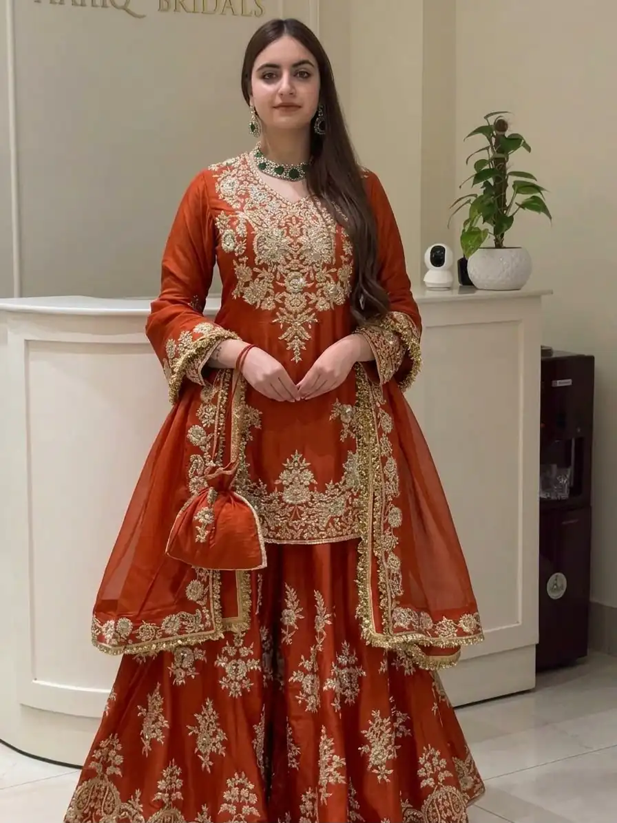 MT 1079 Rust Natural Silk Salwar Suit with Sequins Work & Embroidery Work. Special Price ₹2449. Delivery 4-6 Working Days. Shop now. | Jump Suits, Salwar suit, Designer Suits, Casual Suits, Creative suits, Palazzo Suits, Party Wear Suits, Patiala Suits, Straight Suits