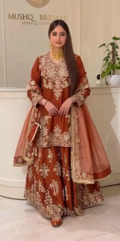 MT 1079 Rust Natural Silk Salwar Suit with Sequins Work & Embroidery Work. Special Price ₹2449. Delivery 4-6 Working Days. Shop now. | Jump Suits, Salwar suit, Designer Suits, Casual Suits, Creative suits, Palazzo Suits, Party Wear Suits, Patiala Suits, Straight Suits