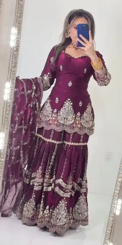 NF 1297 Wine Fendy Silk Salwar Suitwith Embroidery Work & Lace Work. Now at just ₹2799. Delivery 4-6 Working Days. Shop now. | Jump Suits, Salwar suit, Designer Suits, Casual Suits, Creative suits, Palazzo Suits, Party Wear Suits, Patiala Suits, Straight Suits