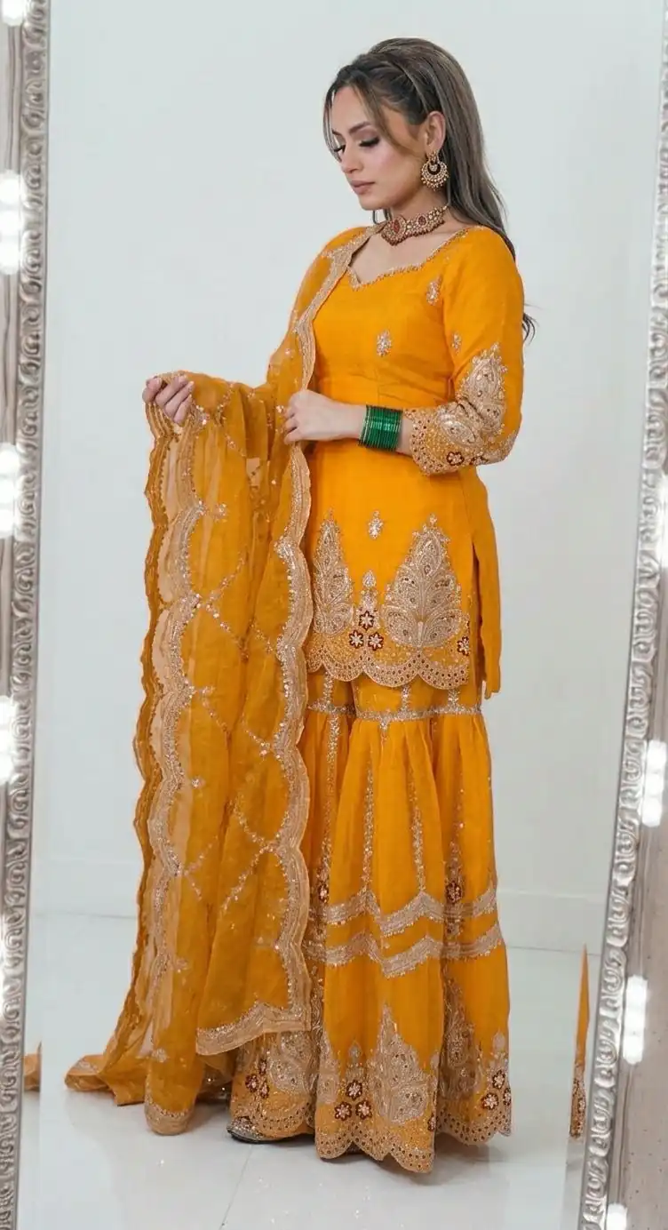 NF 1297 Yellow Fendy Silk Salwar Suitwith Embroidery Work & Lace Work. Now at just ₹2799. Delivery 4-6 Working Days. Shop now. | Jump Suits, Salwar suit, Designer Suits, Casual Suits, Creative suits, Palazzo Suits, Party Wear Suits, Patiala Suits, Straight Suits