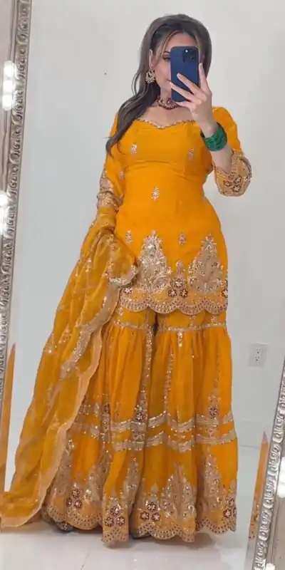 NF 1297 Yellow Fendy Silk Salwar Suitwith Embroidery Work & Lace Work. Now at just ₹2799. Delivery 4-6 Working Days. Shop now. | Jump Suits, Salwar suit, Designer Suits, Casual Suits, Creative suits, Palazzo Suits, Party Wear Suits, Patiala Suits, Straight Suits