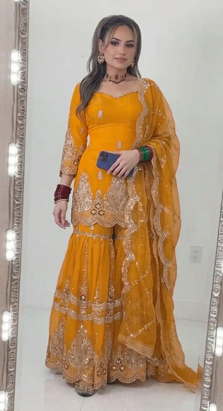 NF 1297 Yellow Fendy Silk Salwar Suitwith Embroidery Work & Lace Work. Now at just ₹2799. Delivery 4-6 Working Days. Shop now. | Jump Suits, Salwar suit, Designer Suits, Casual Suits, Creative suits, Palazzo Suits, Party Wear Suits, Patiala Suits, Straight Suits