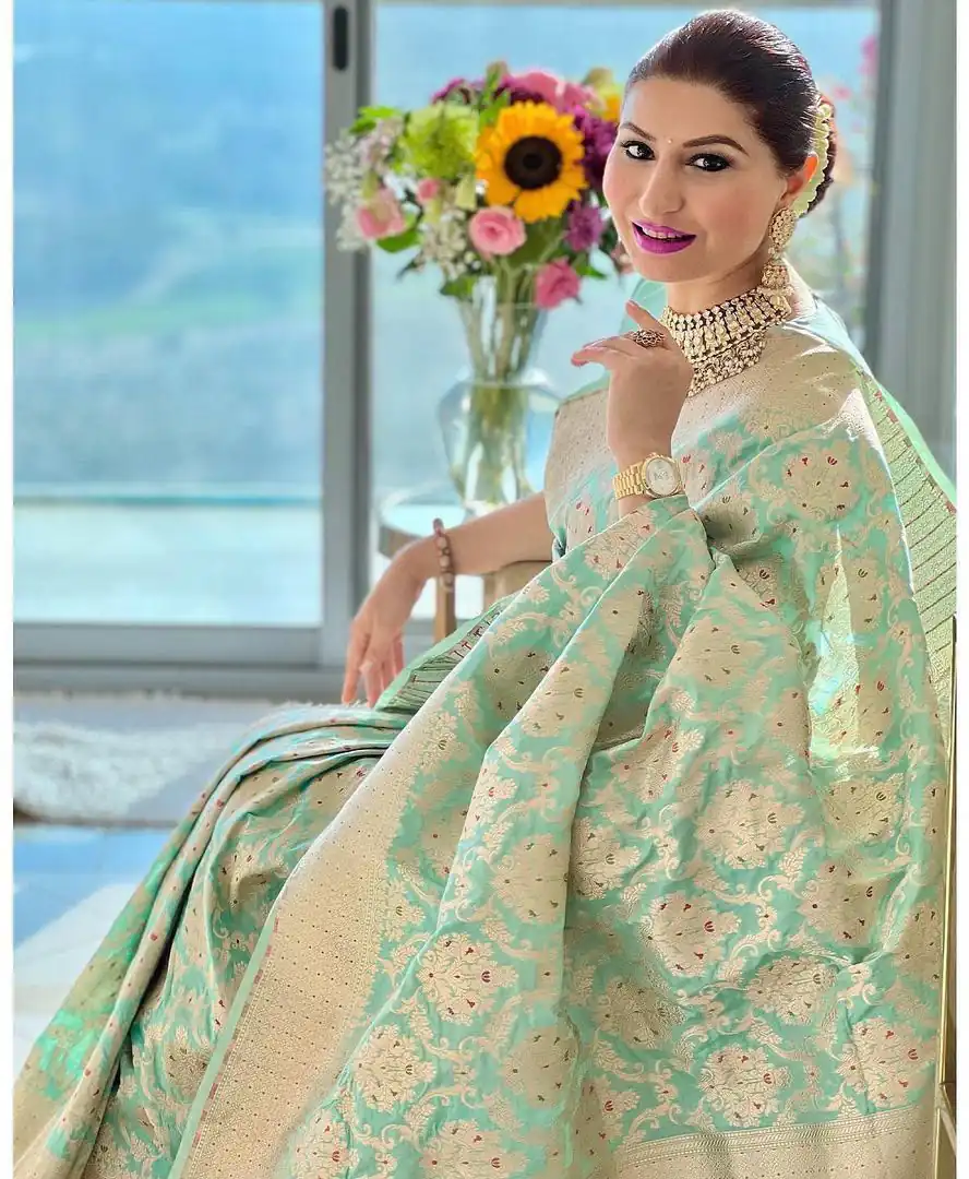 KPR 242 Sea Green Soft Lichi Silk Saree with Lace Work & Lace Border. Introductory Price ₹1649. Delivery 4-6 Working Days. Shop now. | Sarees, Bollywood Sarees, Creative Sarees, Designer Sarees, Embroidered Sarees, Ethnic Saree, Modern Digital sarees, Party Wear Sarees