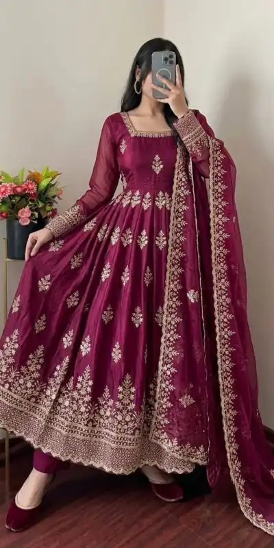 NSR 918 Wine Fendy Silk Gown with Embroidery Work & Sequins Work. Special Price ₹2399. Delivery 4-6 Working Days. Shop now. | Gowns, Bollywood Gowns, Creative Gowns, Designer Gowns, Embroidered Gowns, Party Wear Gowns