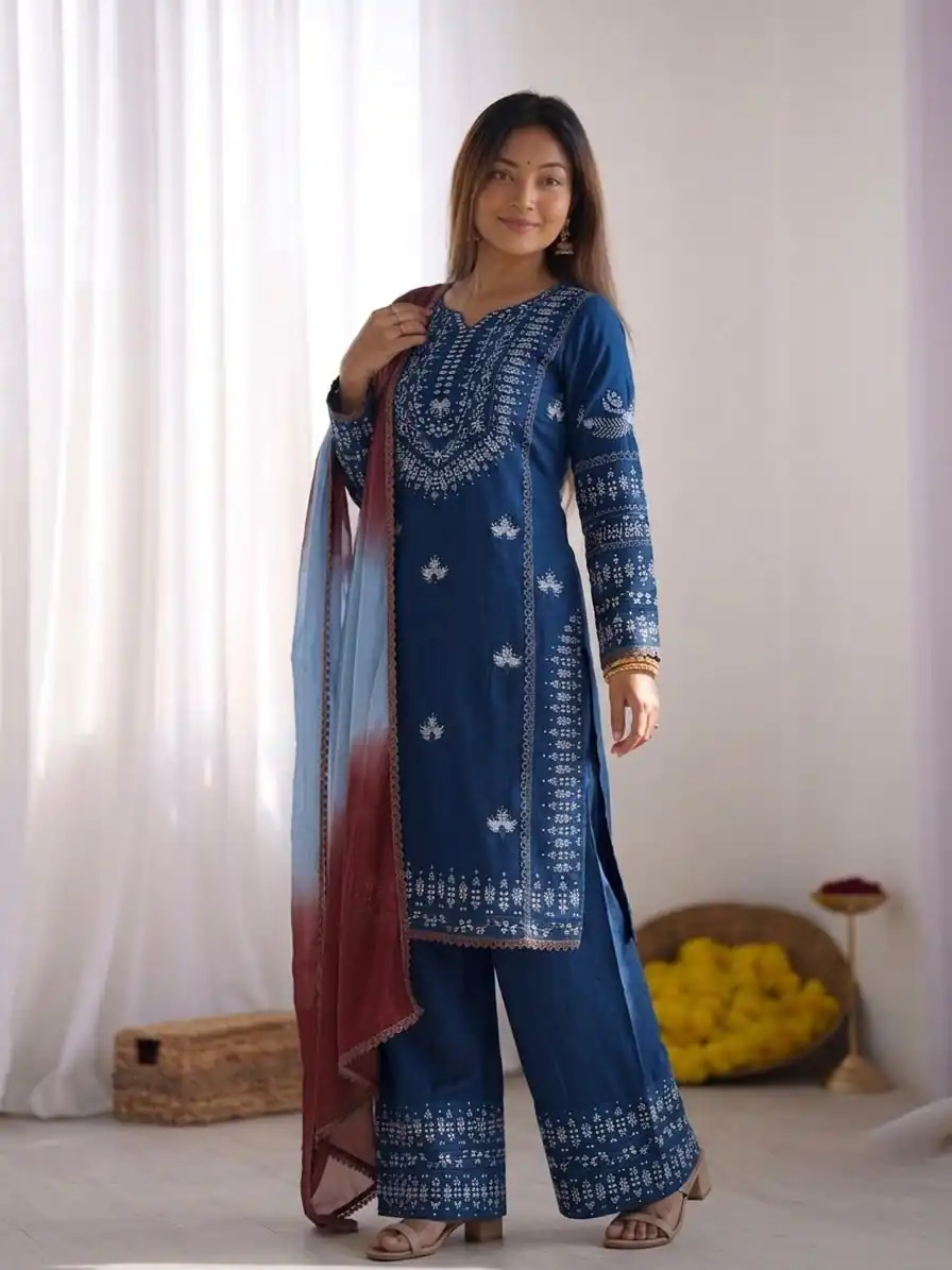 Aglow Blue Rayon Cotton Embroidery Work Salwar Suit - Image 5