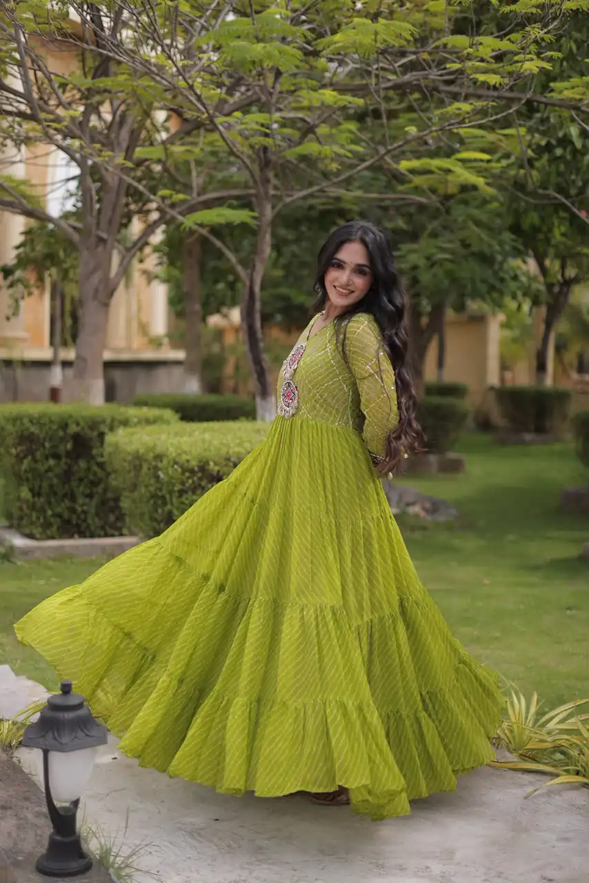 Aglow Green Faux Georgette Patch Work Gown - Image 5