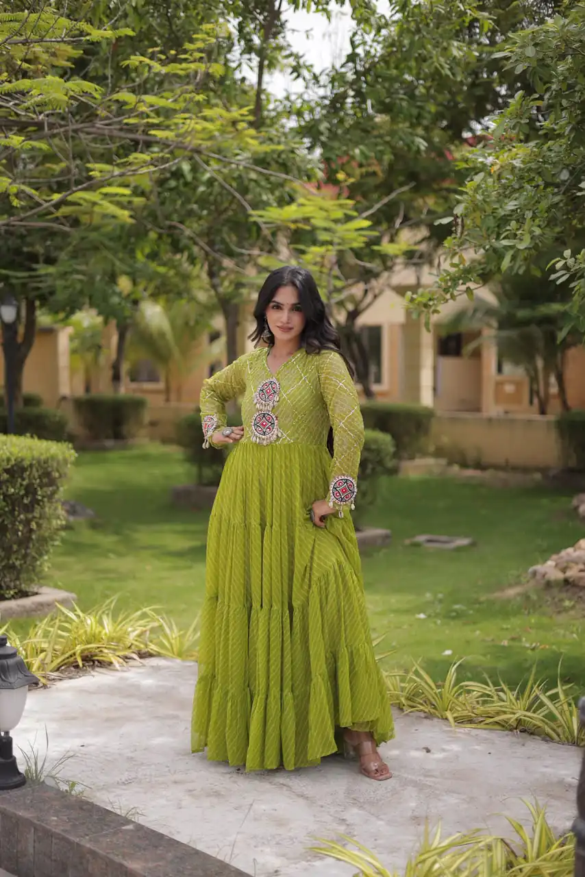 Aglow Green Faux Georgette Patch Work Gown - Image 3