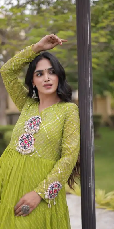 Alternative view of Aglow Green Faux Georgette Patch Work Gown