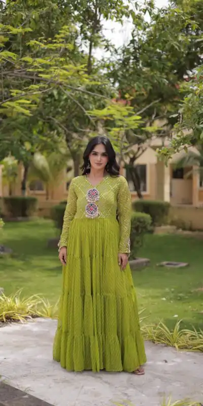 Aglow Green Faux Georgette Patch Work Gown