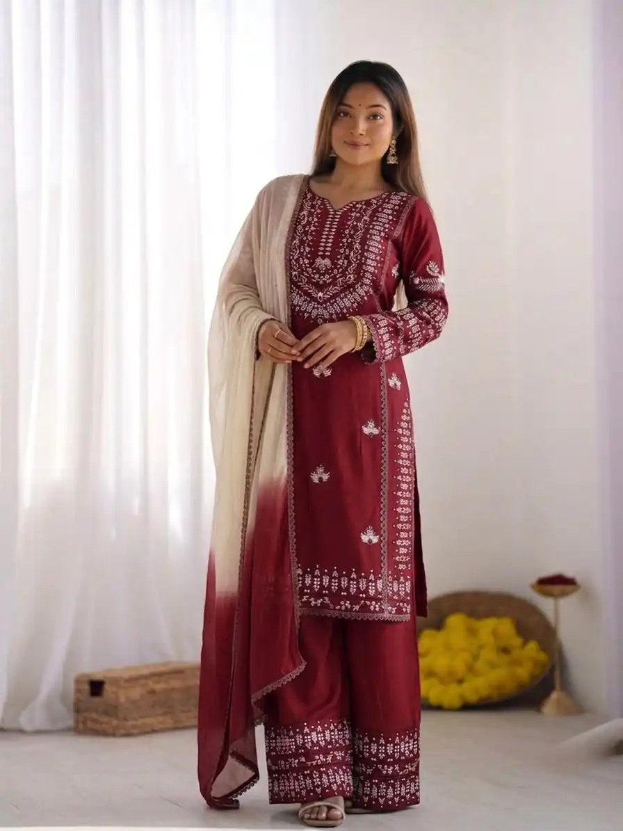 Aglow Maroon Rayon Cotton Embroidery Work Salwar Suit - Image 2