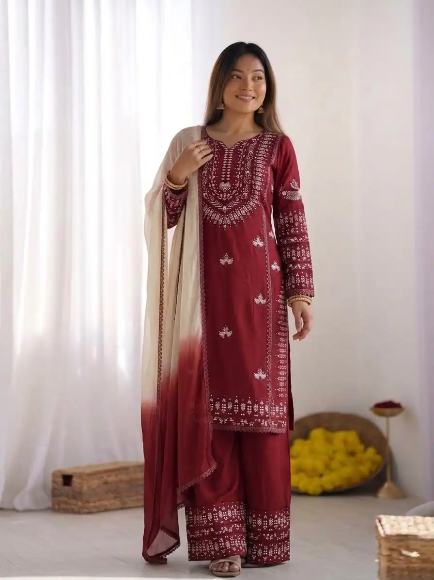 Aglow Maroon Rayon Cotton Embroidery Work Salwar Suit