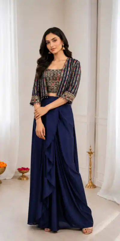 Aglow Navy Blue Chinon Silk Sequence Work Lehenga Choli