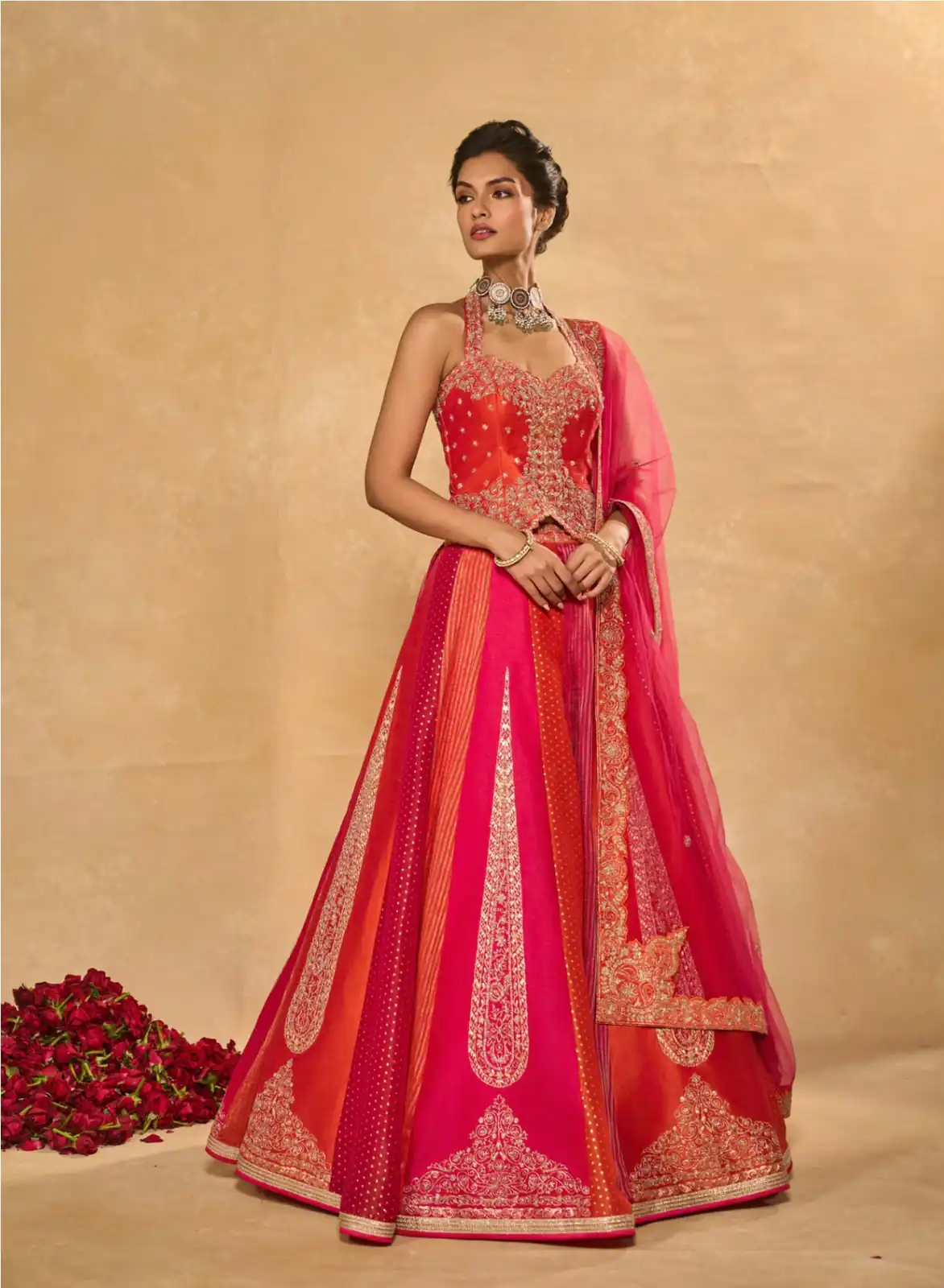 Aglow Orange Chinon Silk Multi Thread Work Lehenga Choli - Image 11