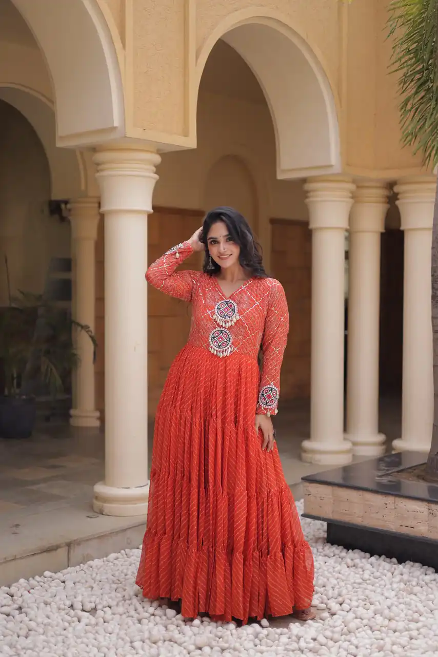 Aglow Orange Faux Georgette Patch Work Gown - Image 4