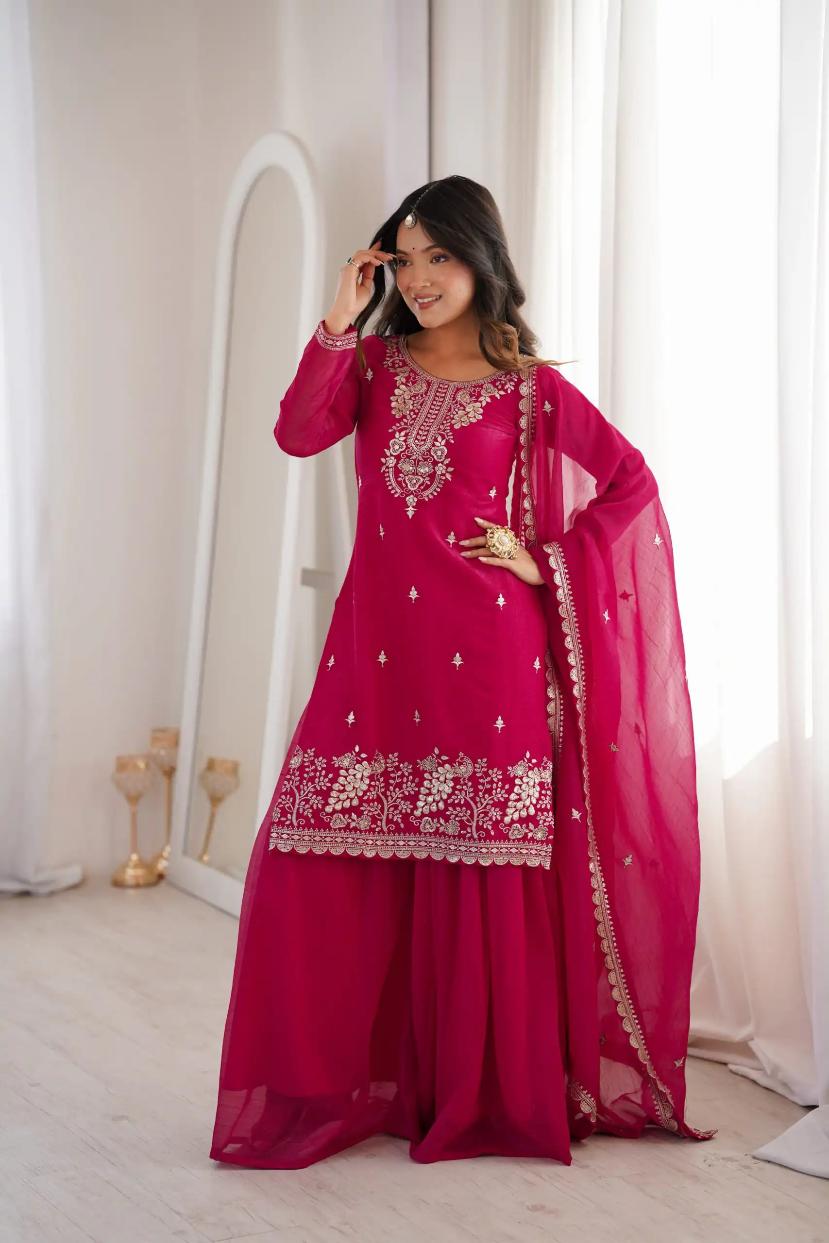 Aglow Pink Crunchy Silk Sequence Work Salwar Suit - Image 2