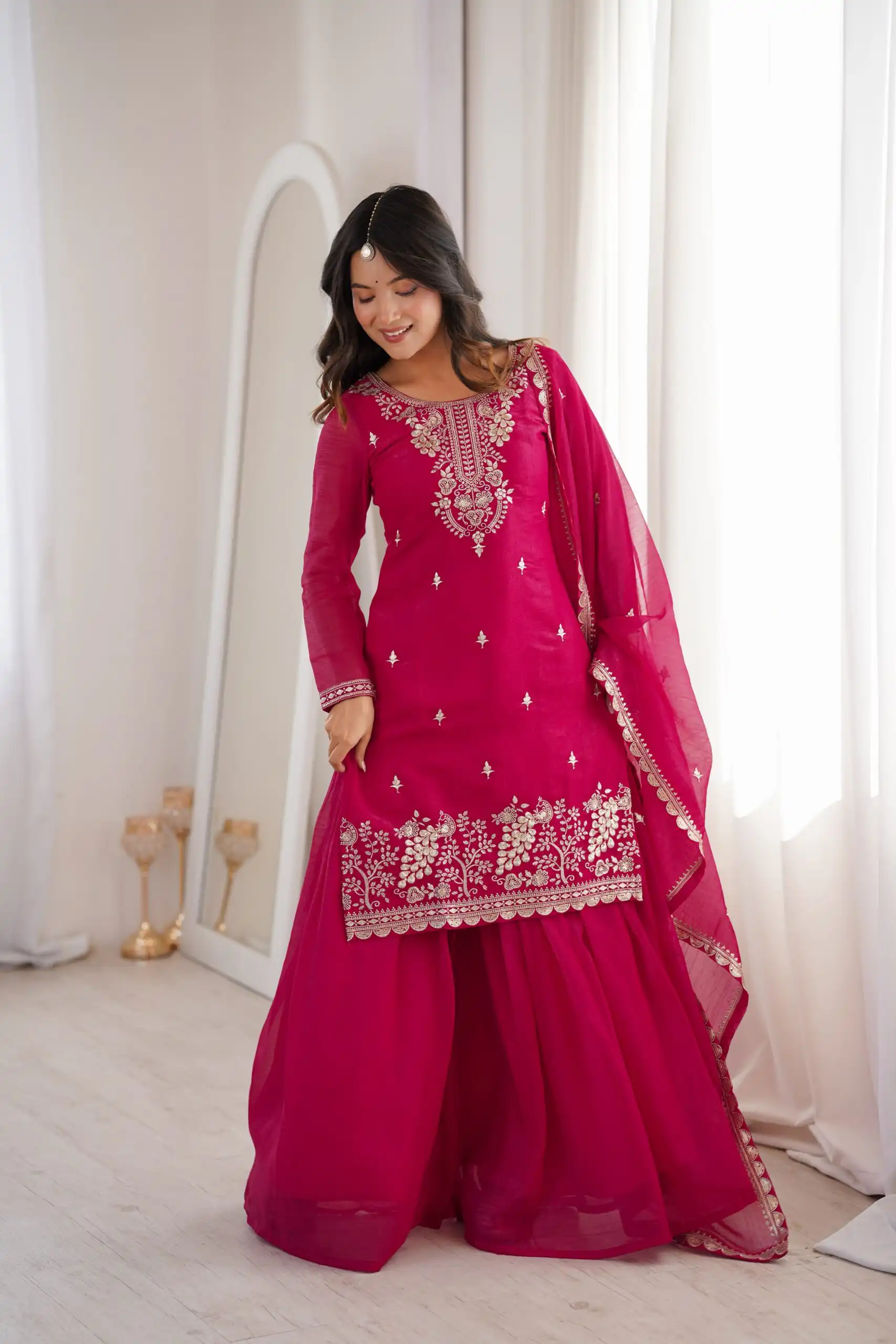 Aglow Pink Crunchy Silk Sequence Work Salwar Suit