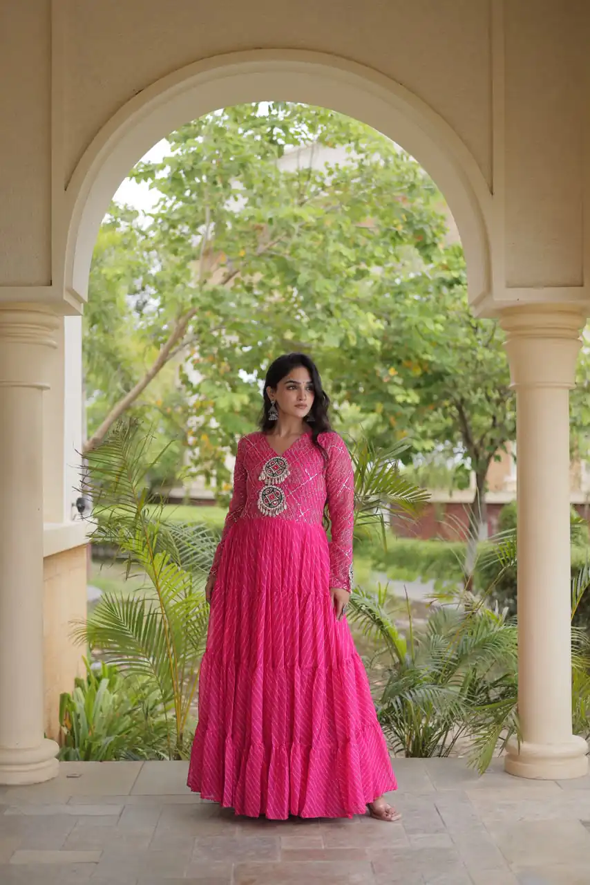 Aglow Pink Faux Georgette Patch Work Gown - Image 5