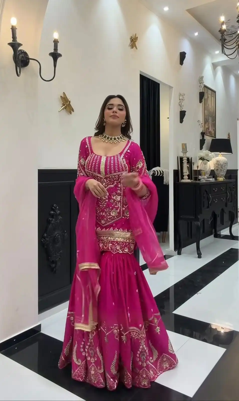 Aglow Pink Sindoor Silk Sequins Work Salwar Suit