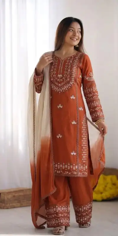 Alternative view of Aglow Rust Rayon Cotton Embroidery Work Salwar Suit