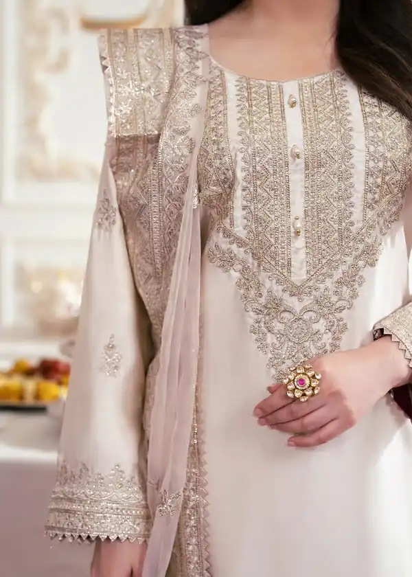 Aglow White French Crep Silk Mirror Work Salwar Suit - Image 3