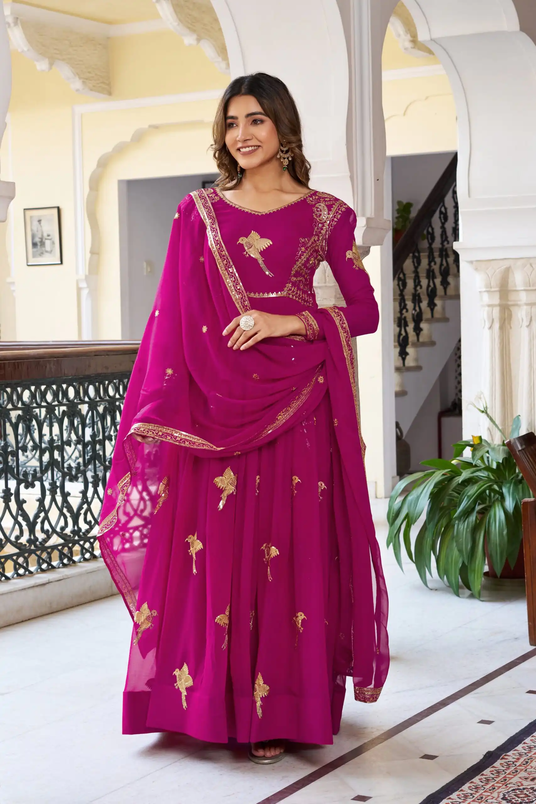 Angelic Pink Faux Georgette Thread Work Gown - Image 2