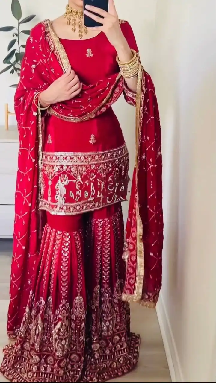 Angelic Red Chinon Silk Thread Work Salwar Suit - Image 3