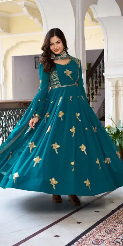 Alternative view of Angelic Teal Faux Georgette Thread Work Gown
