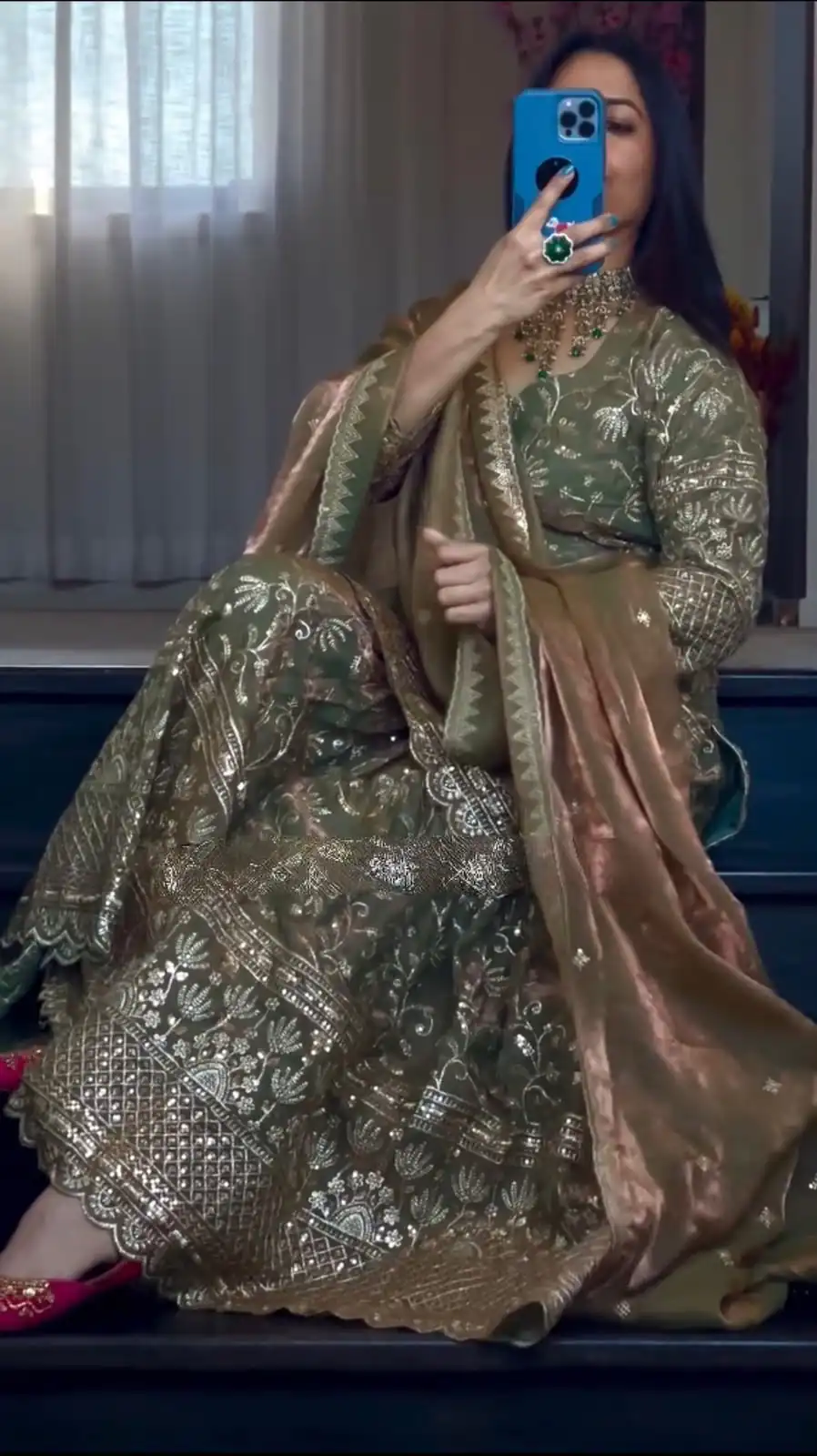 Cool Mehendi Fandy Crush Silk Sequins Work Salwar Suit - Image 2