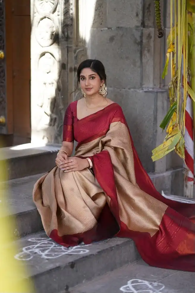 Cool Red Soft Lichi Silk Lace Work Saree