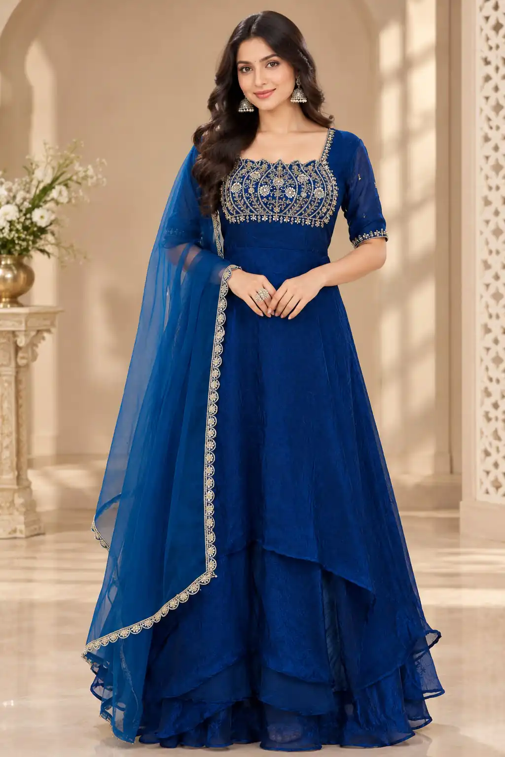 Fancy Blue Fendy Crush Beads Work Gown - Image 2