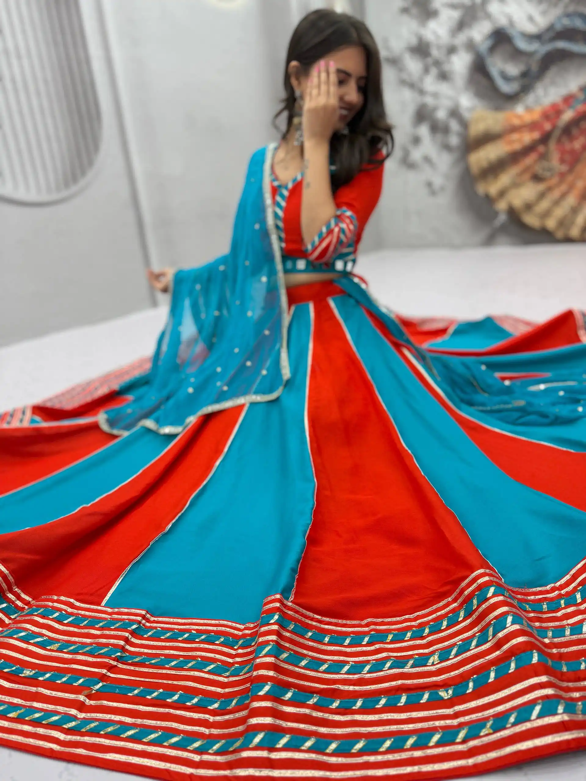 Fancy Blue Pure Cotton Hand Work Lehenga Choli - Image 3