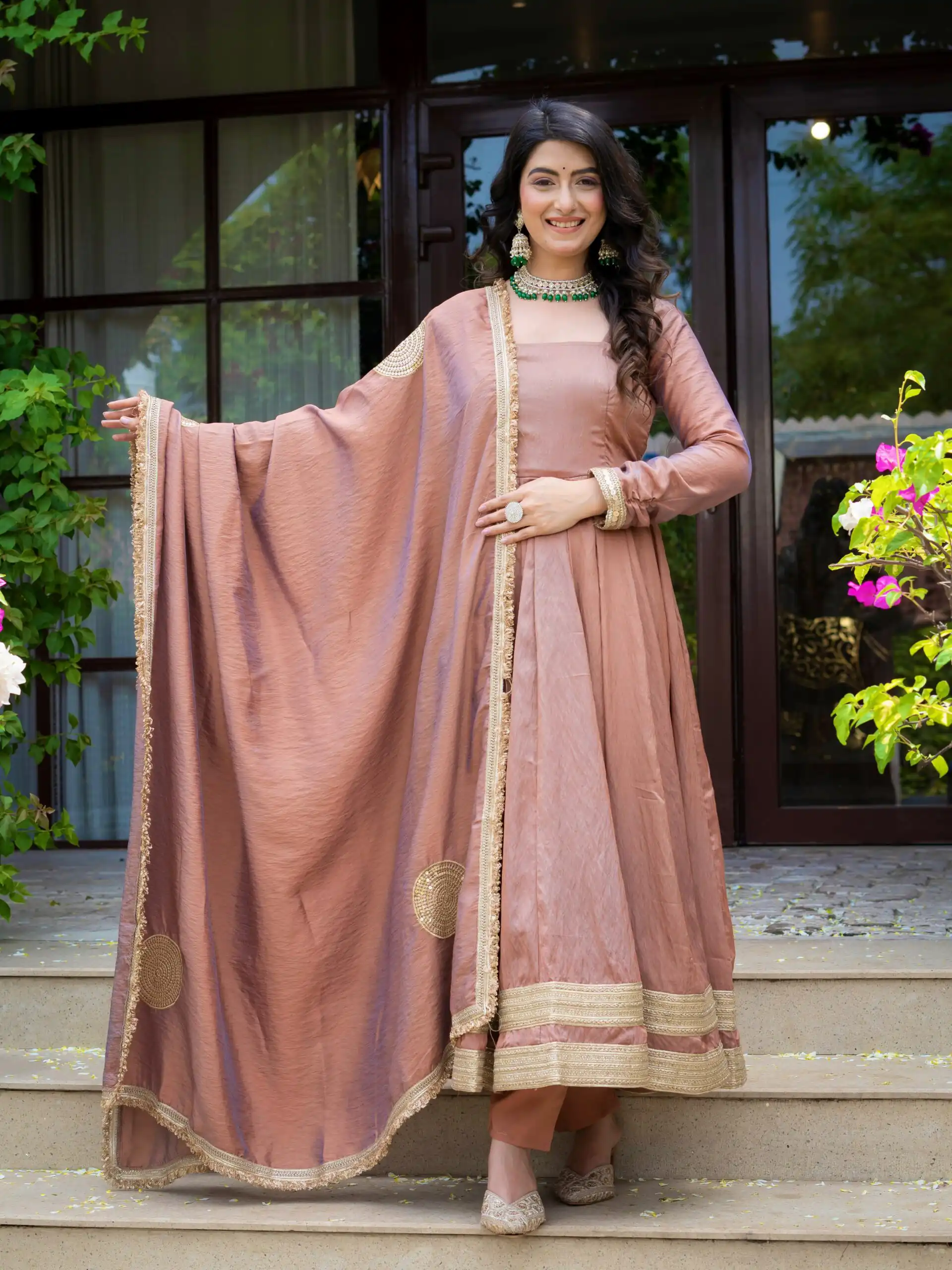 Fancy Brown Vichitra Embroidery Work Anarkali Suit - Image 3