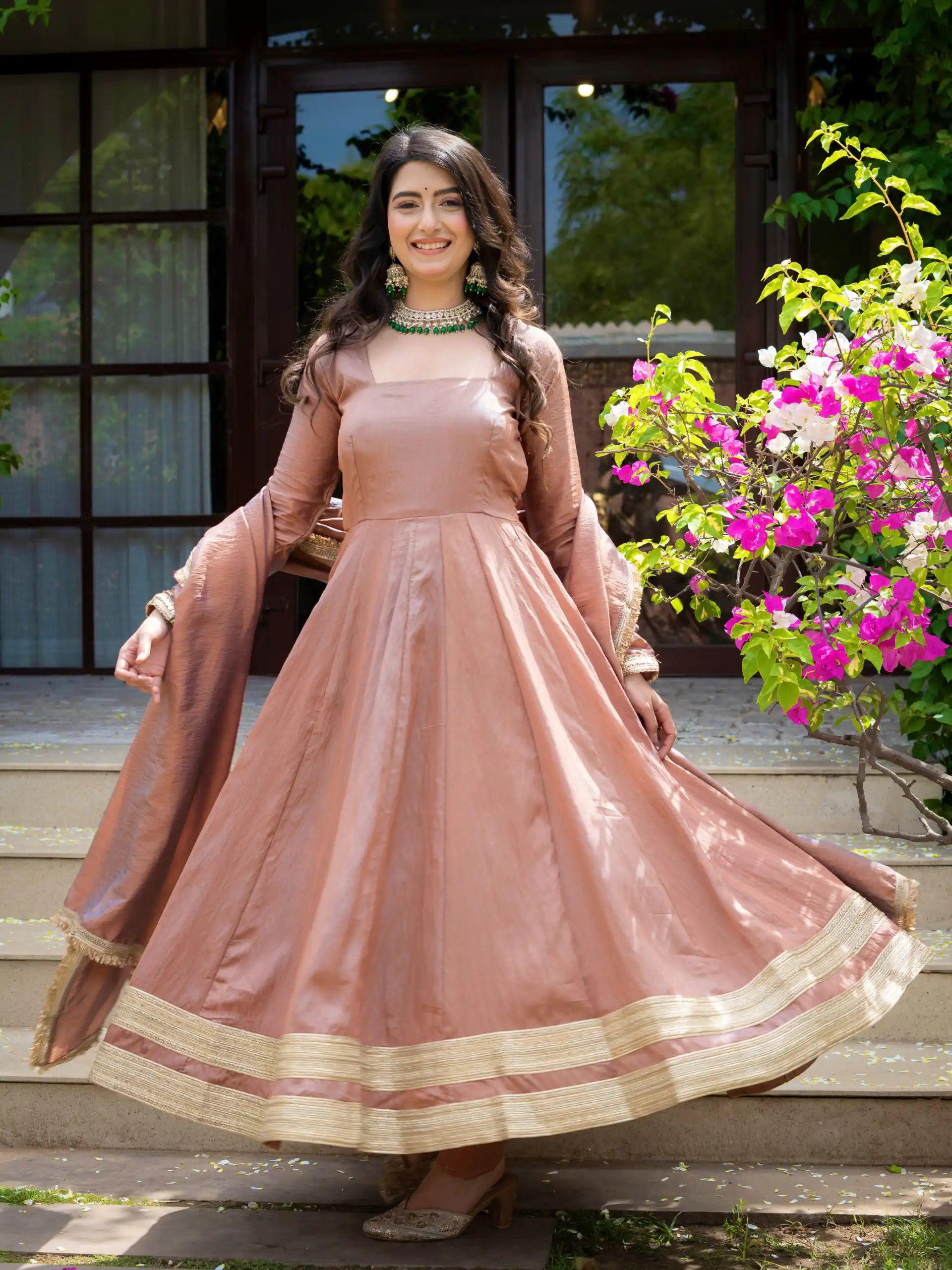 Fancy Brown Vichitra Embroidery Work Anarkali Suit - Image 2