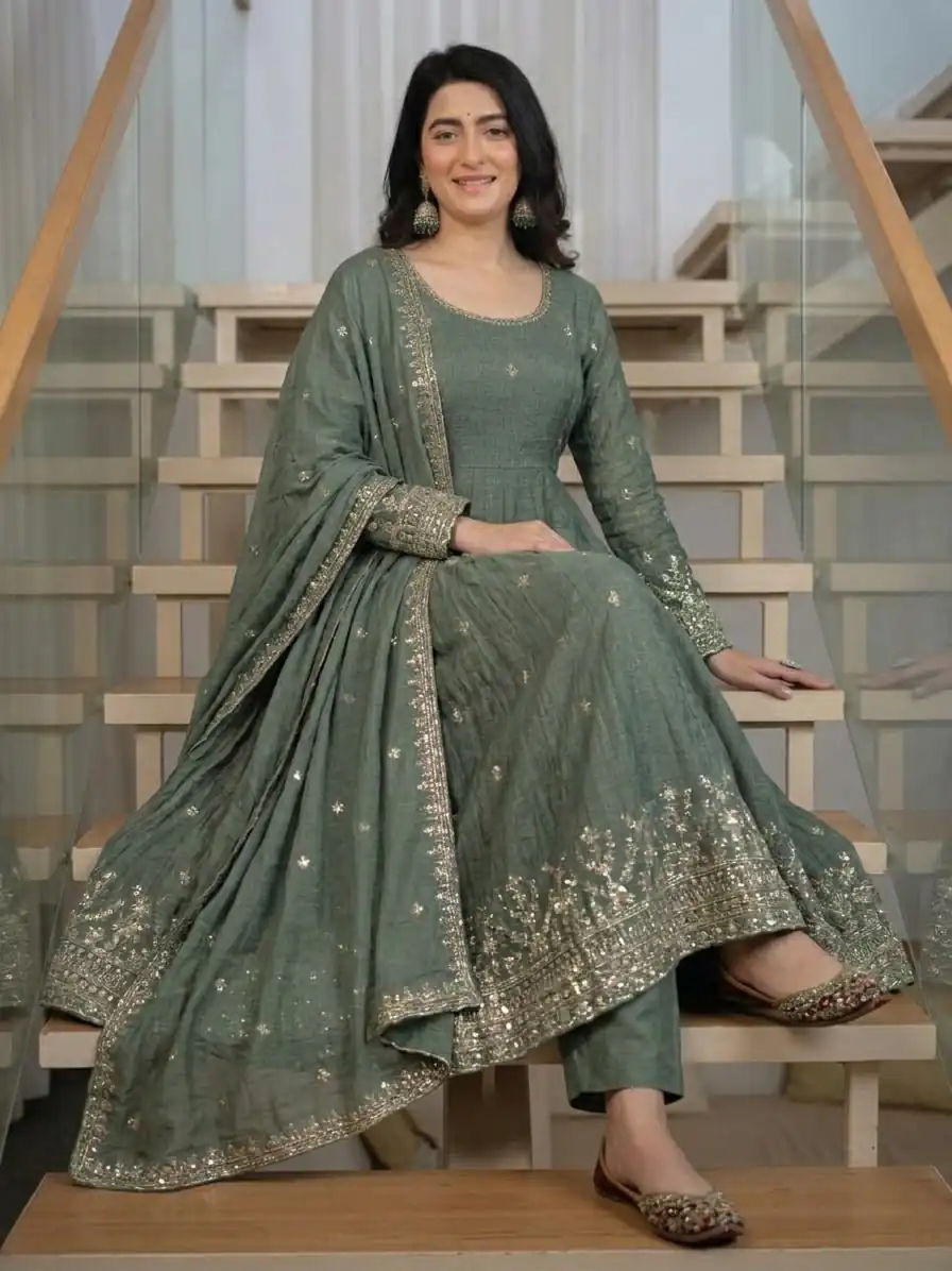 Fancy Grey Crunchy Silk Embroider Work Anarkali Suit - Image 5