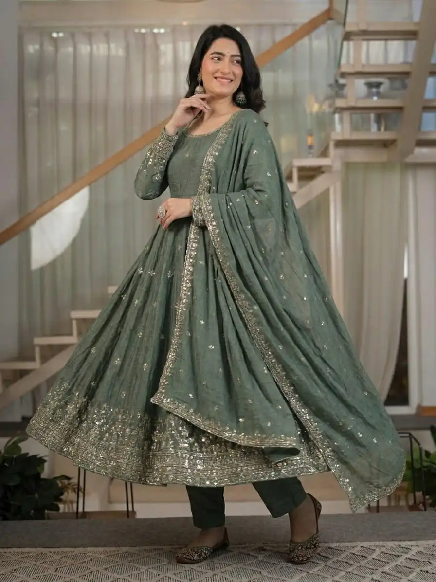 Fancy Grey Crunchy Silk Embroider Work Anarkali Suit - Image 3