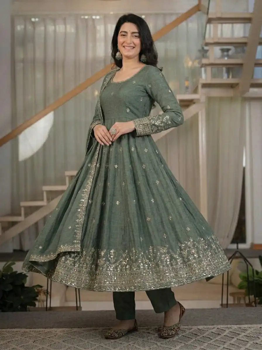Fancy Grey Crunchy Silk Embroider Work Anarkali Suit - Image 2