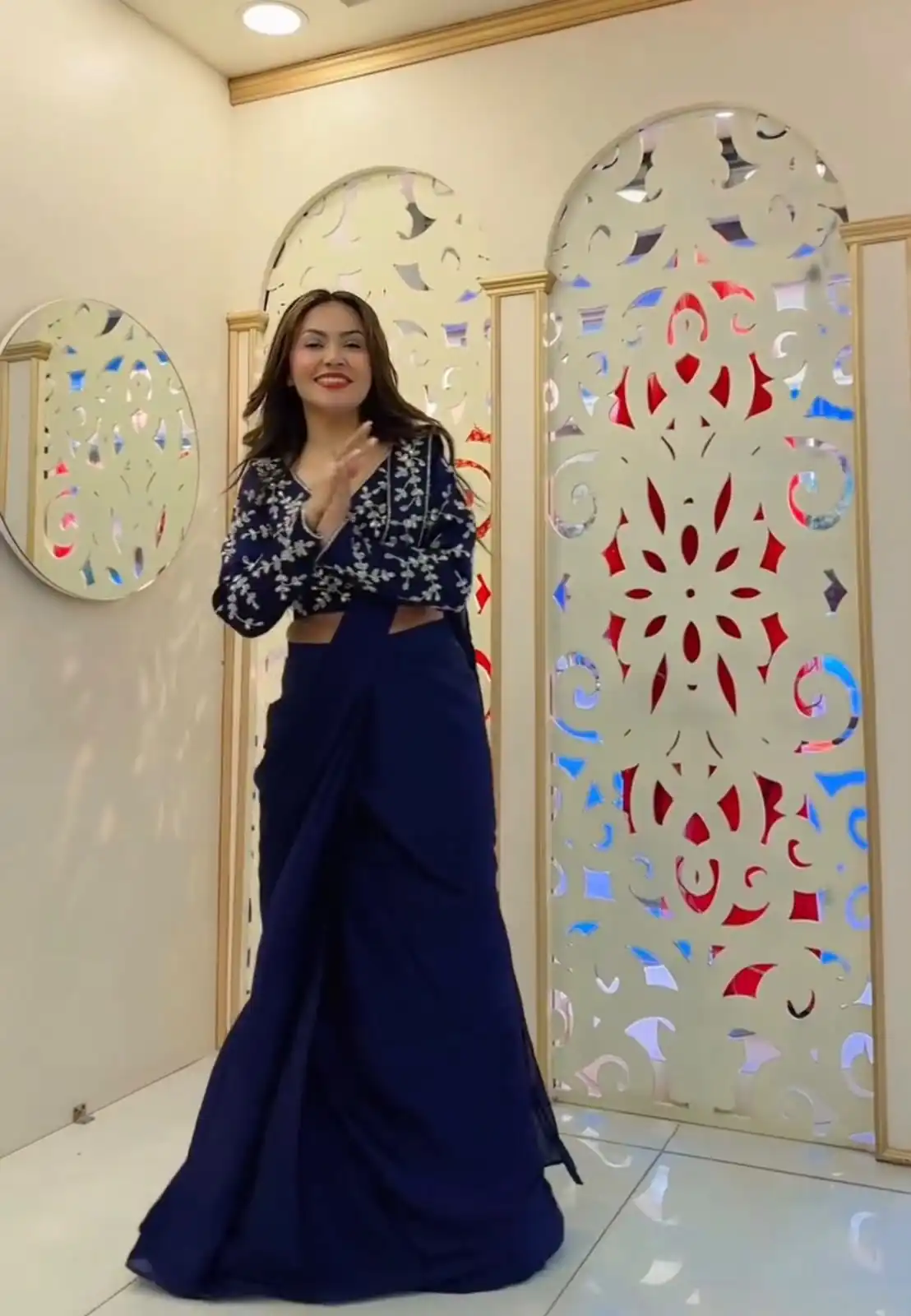 Fancy Navy Blue Faux Georgette Sequence Work Saree - Image 7