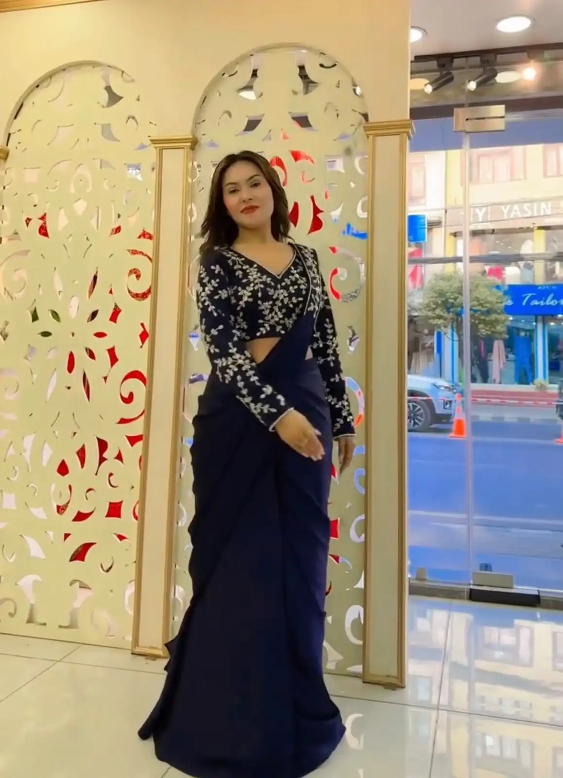 Fancy Navy Blue Faux Georgette Sequence Work Saree - Image 6
