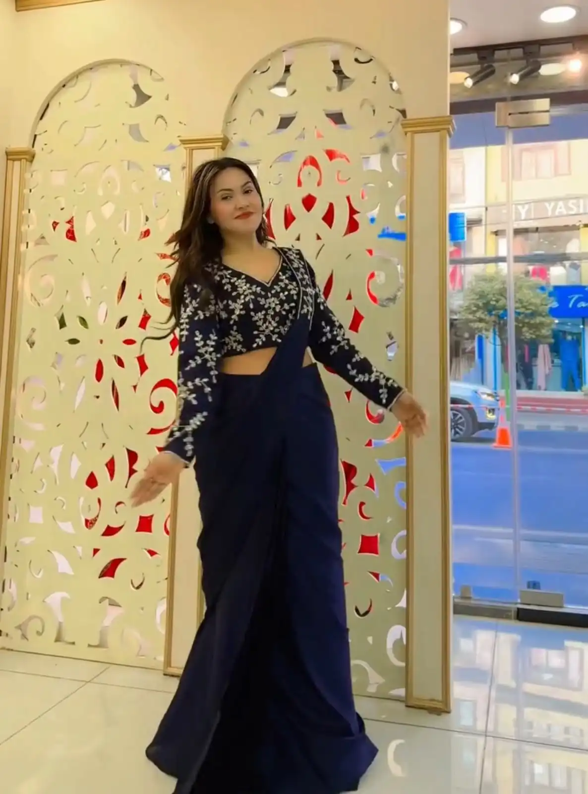 Fancy Navy Blue Faux Georgette Sequence Work Saree - Image 5