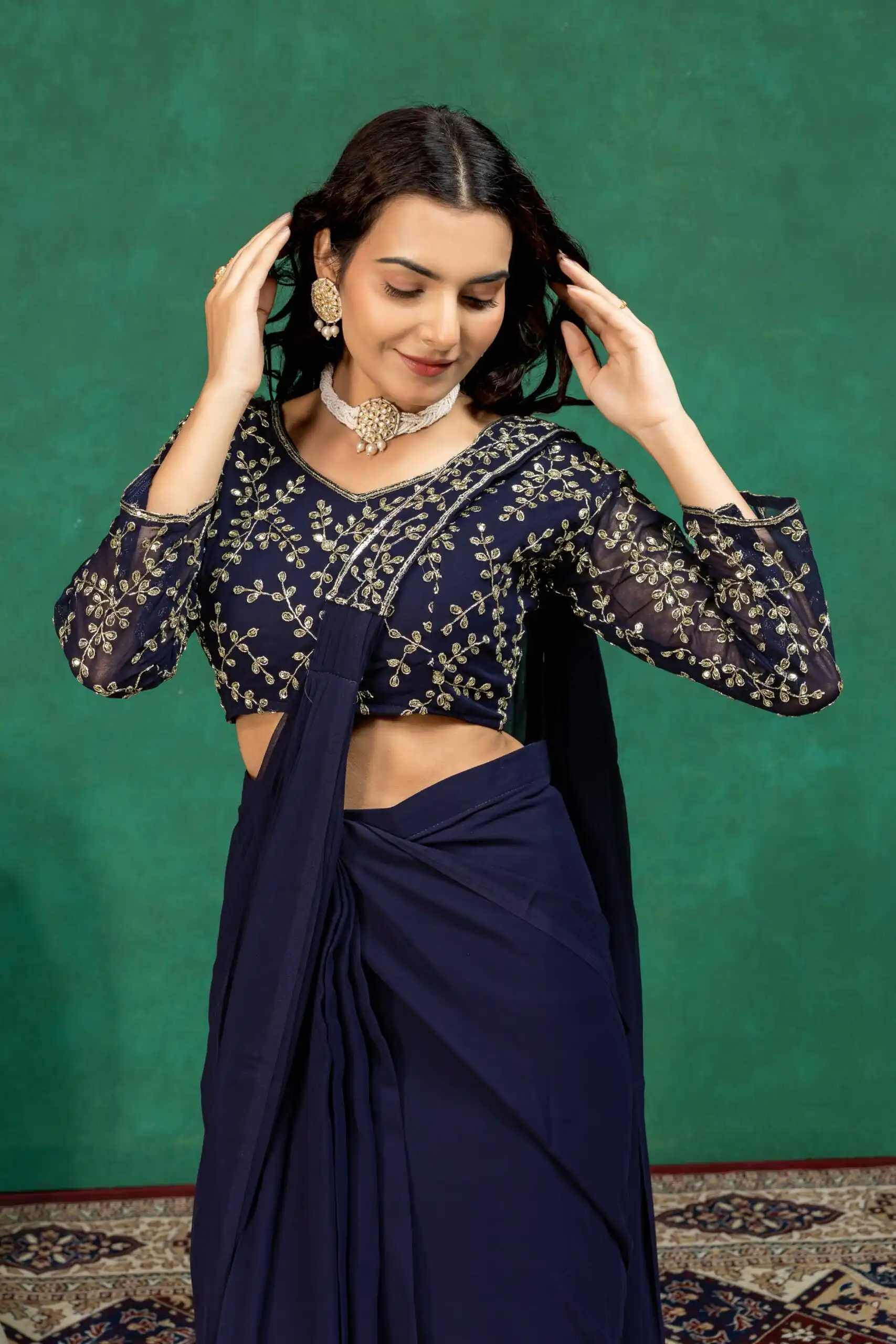 Fancy Navy Blue Faux Georgette Sequence Work Saree - Image 2