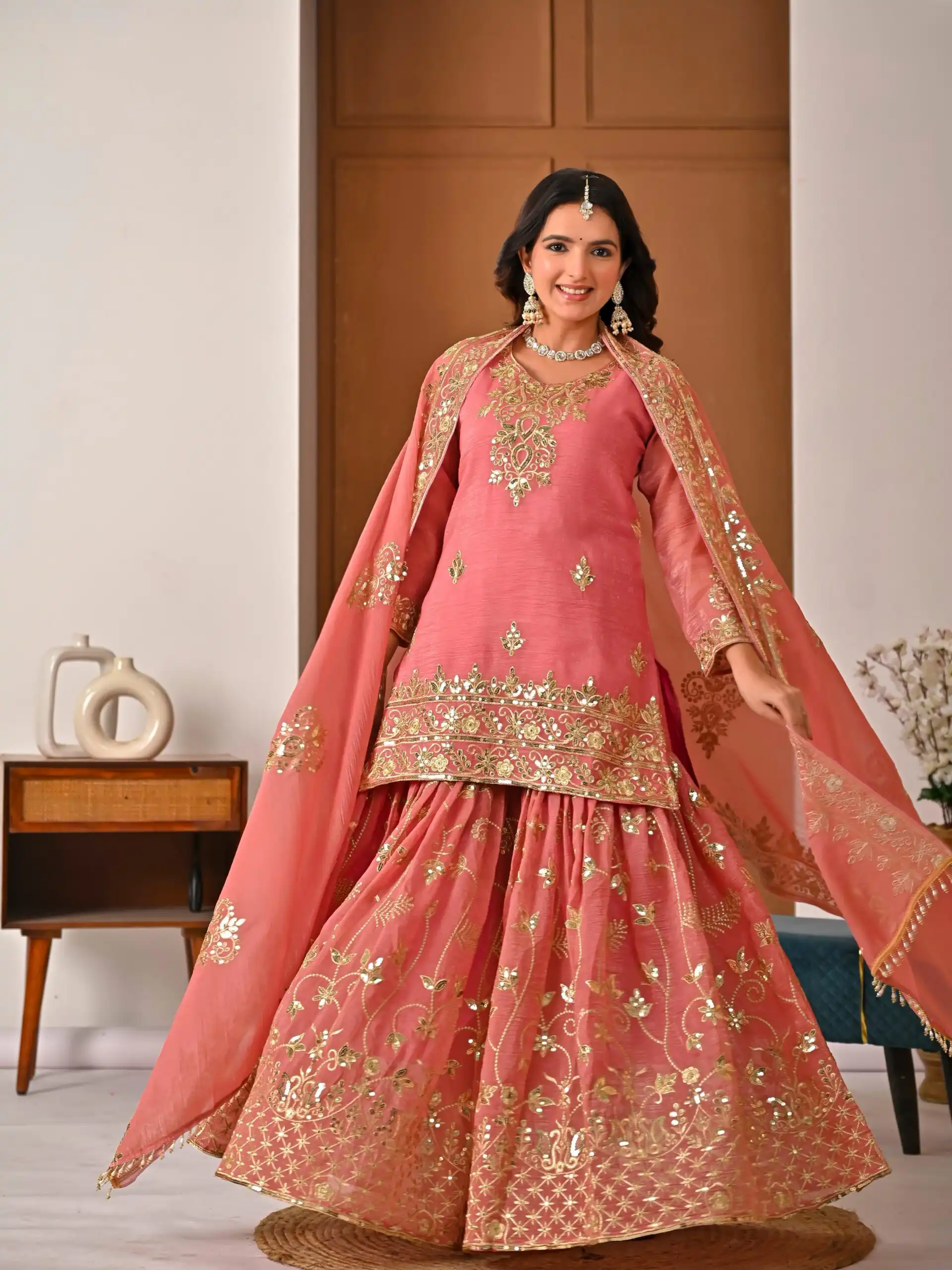 Fancy Peach Crunchy Silk Embroidery Work Salwar Suit