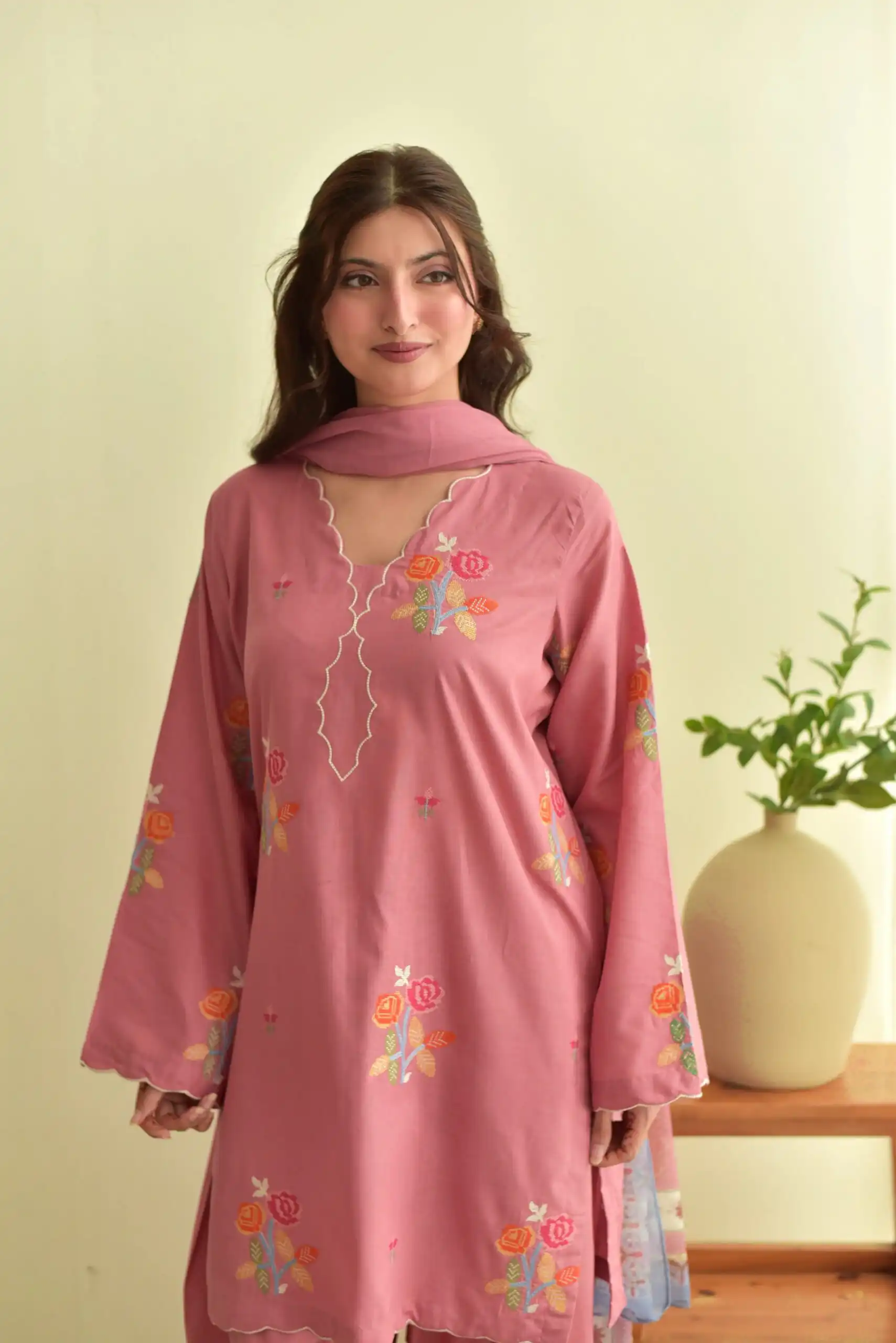 Fancy Peach Mul Chanderi Embroidery Cut Work Salwar Suit - Image 3
