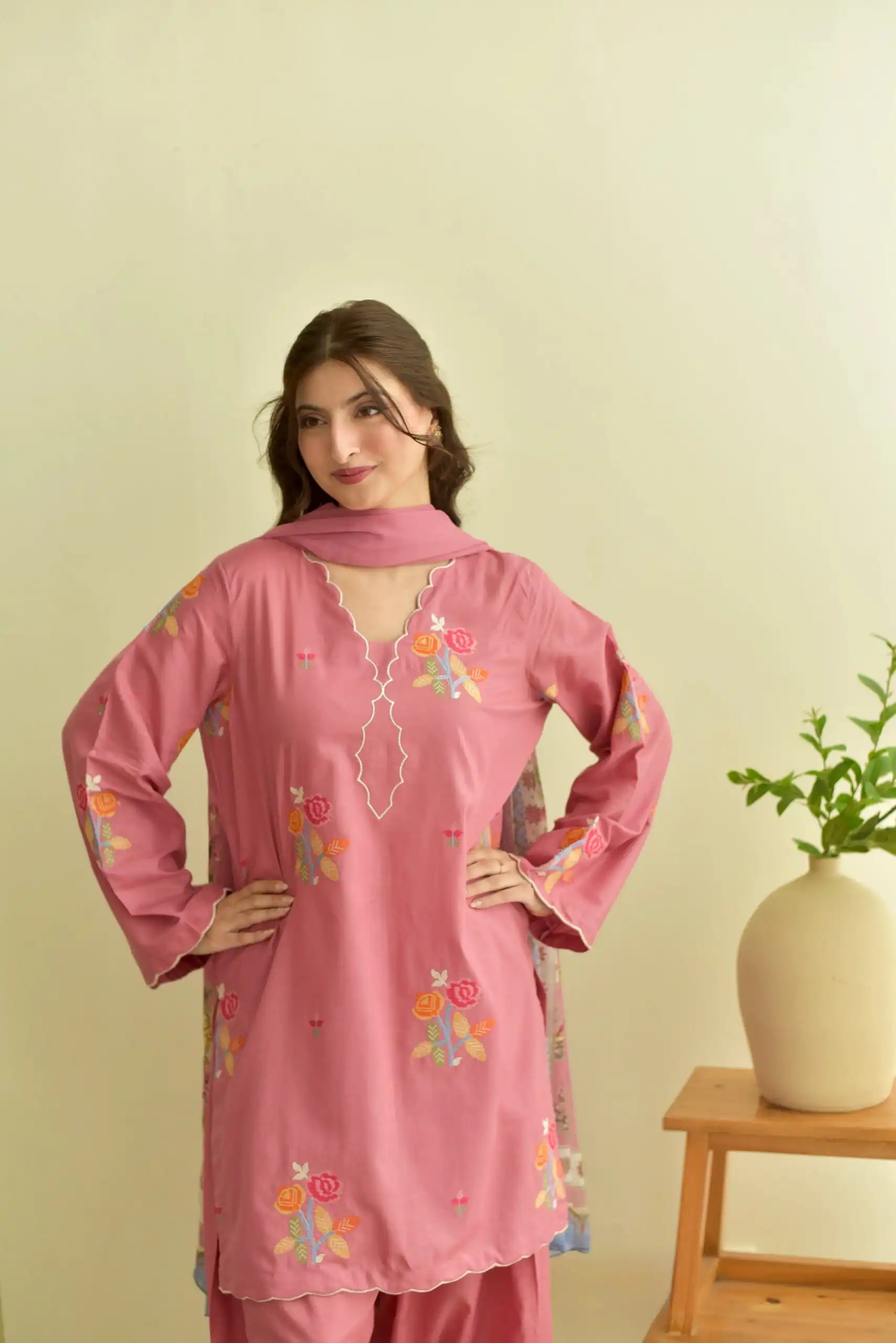 Fancy Peach Mul Chanderi Embroidery Cut Work Salwar Suit - Image 2