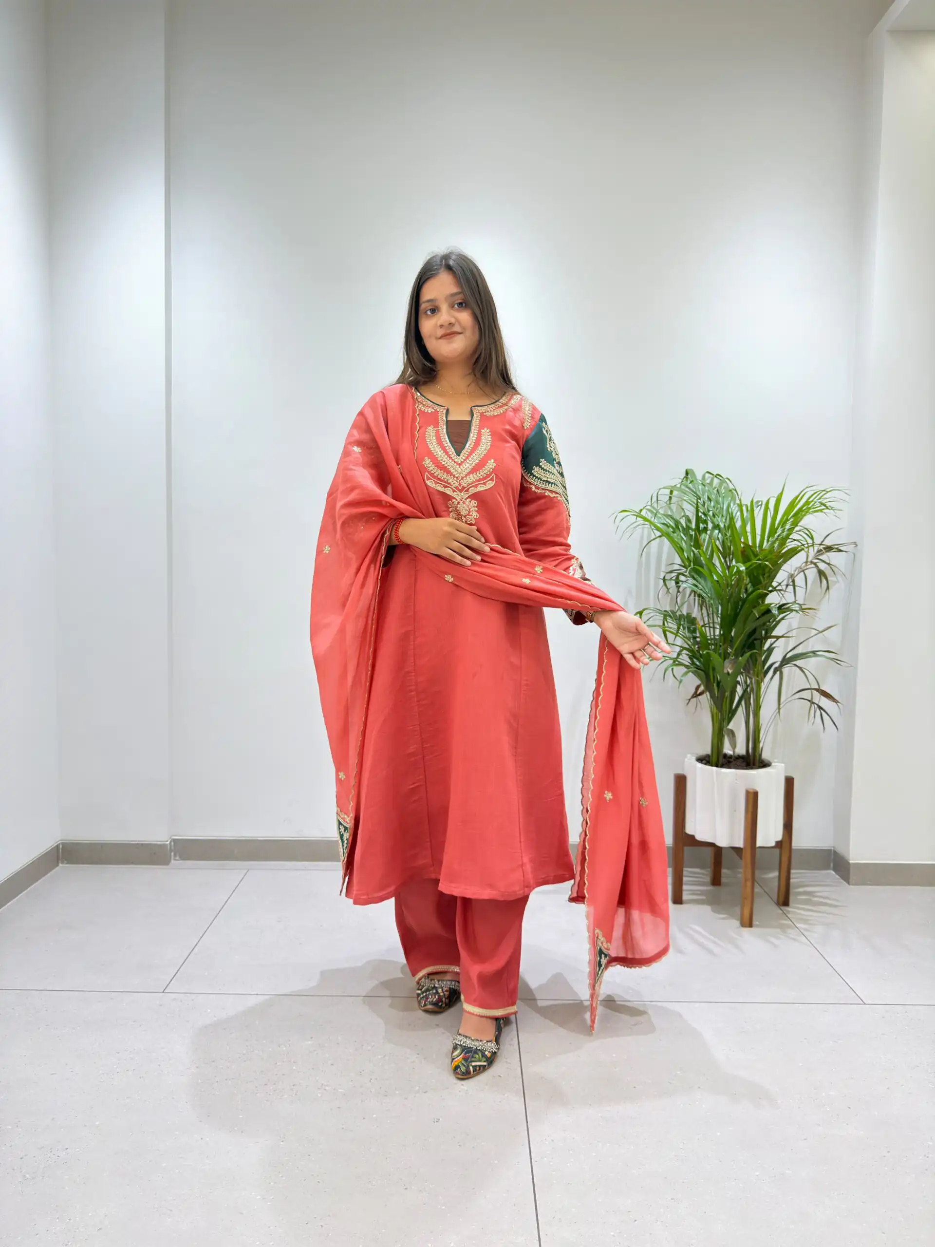 Fancy Peach Mul Chanderi Embroidery Work Salwar Suit - Image 4