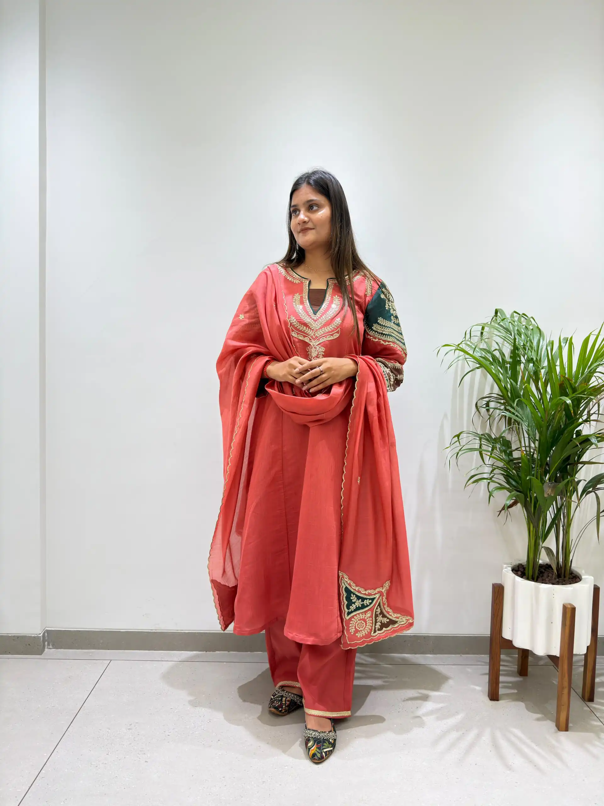Fancy Peach Mul Chanderi Embroidery Work Salwar Suit - Image 3