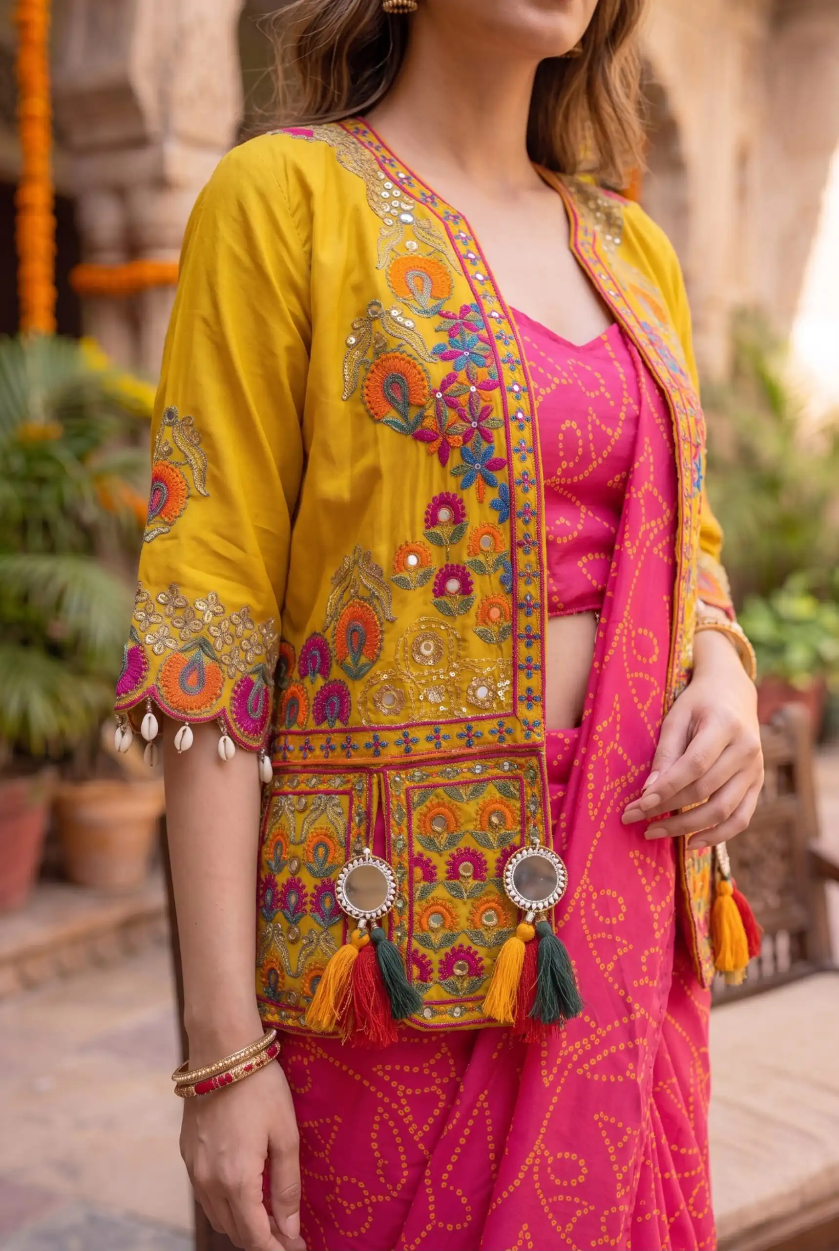 Fancy Pink Chinon Silk Heavy Print Work Saree - Image 2