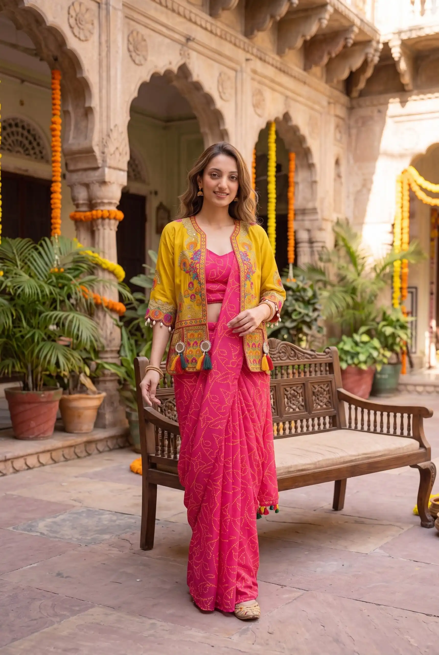 Fancy Pink Chinon Silk Heavy Print Work Saree