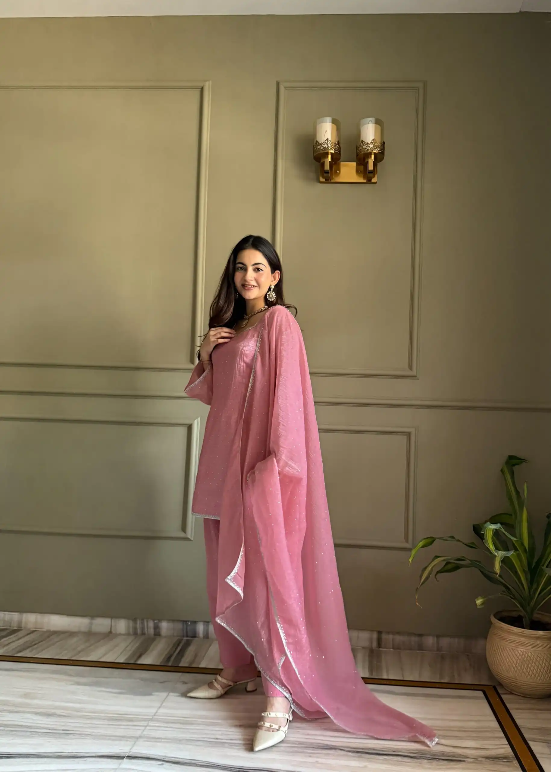 Fancy Pink Crunchy Silk Siroski Work Salwar Suit - Image 6